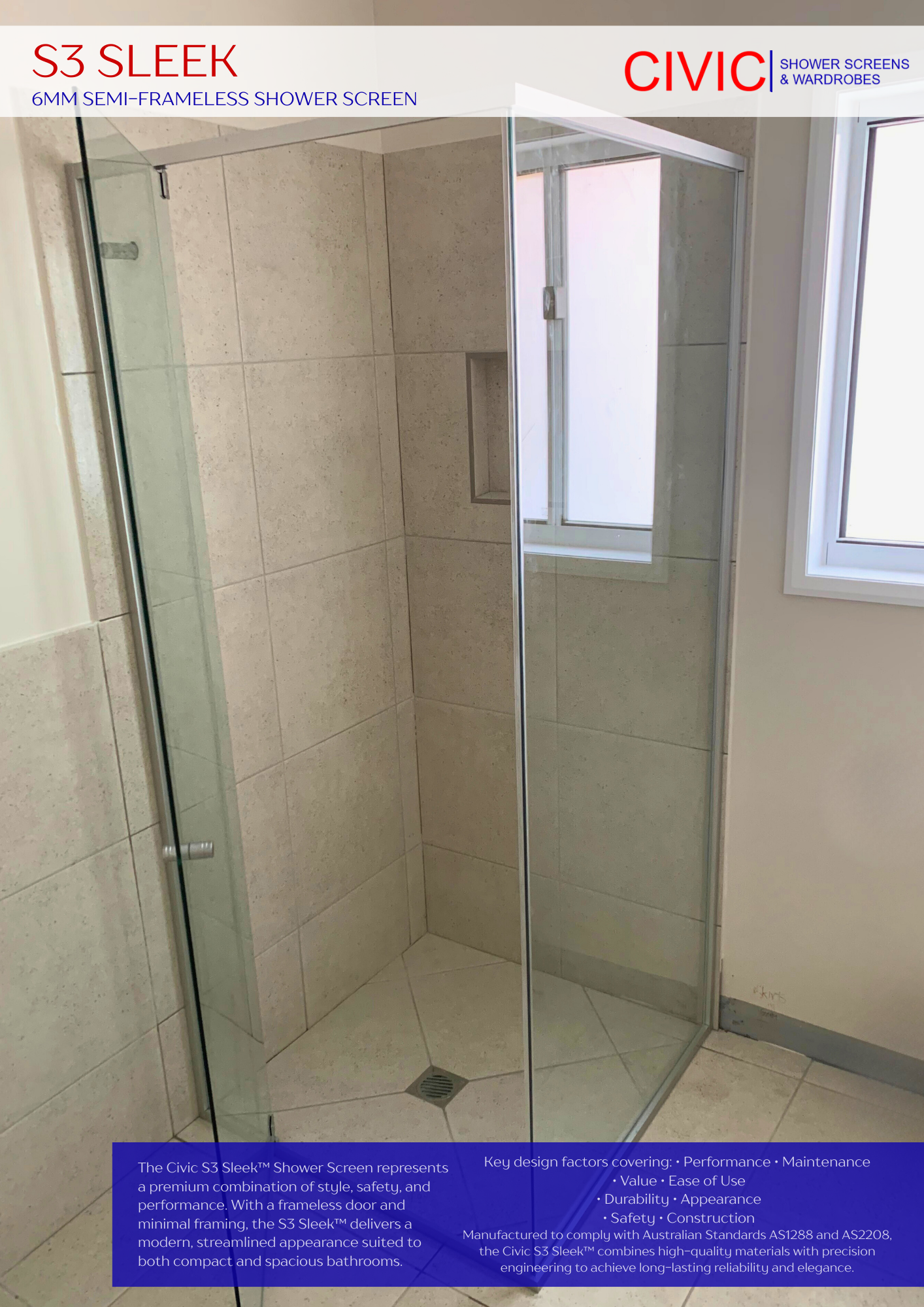 S3 Sleek: 6mm Semi-Frameless Shower Screen